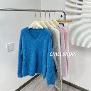 【英英Chili】V领韩系慵懒风加厚秘鲁羊驼毛绒拉绒针织毛衣 07.24