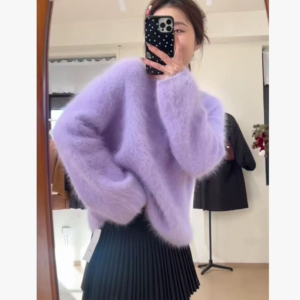 【英英Chili】bu退换 韩系圆领山羊绒拉绒简约纯色针织毛衣 11.10