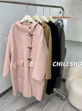 【英英Chili】bu退30山羊绒70羊毛高货牛角扣带帽双面尼大衣12.01