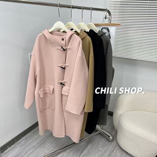 【英英Chili】bu退30山羊绒70羊毛高货牛角扣带帽双面尼大衣12.01