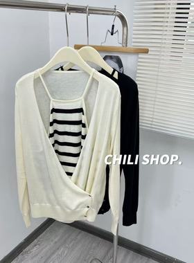 【英英Chili】条纹韩系设计气质假两件超细羊毛针织毛衣L 10.04