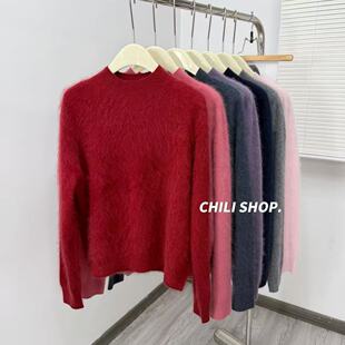 【英英Chili】韩系中领山羊绒拉绒简约百搭针织毛衣打底XR 12.18