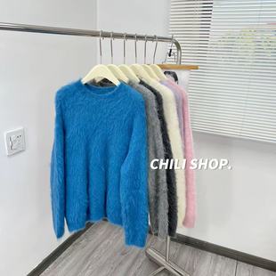 【英英Chili】韩系圆领慵懒风加厚秘鲁羊驼毛绒拉绒针织毛衣07.24