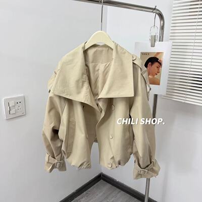 【英英Chili】时髦气质设计师款抗皱高品质宽松短款风衣外套03.07
