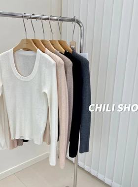 【英英Chili】大U领气质100全羊毛修身显瘦百搭针织打底毛衣T8.12