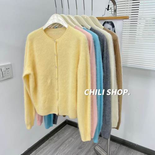 【英英Chili】简约韩系慵懒设计师款圆领山羊绒拉绒针织开衫07.26