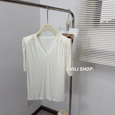 【英英Chili】兰精天丝V领欧货设计师款百搭气质柔软短袖 03.09