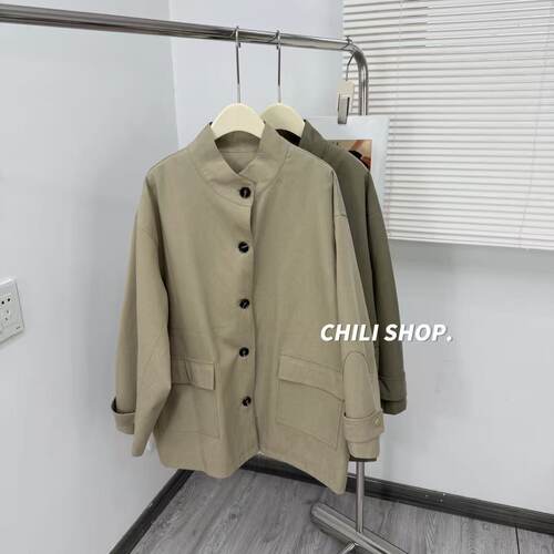 【英英Chili】极简风立领韩系宽松抗皱中长风衣外套MNN 04.03