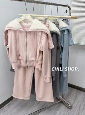 【英英Chili】欧货休闲天使之翼加绒拉链阔腿裤卫衣套装 12.23