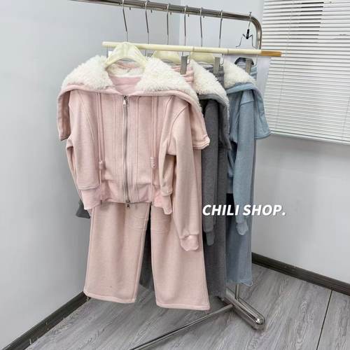 【英英Chili】欧货休闲天使之翼加绒拉链阔腿裤卫衣套装 12.23
