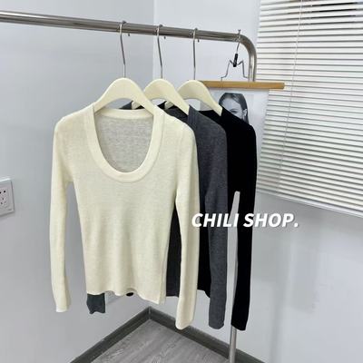 【英英Chili】大U领气质100全羊毛修身显瘦针织打底毛衣T 10.20