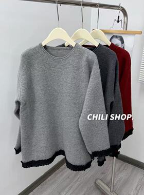 【英英Chili】韩系圆领花边下摆设计浣熊绒宽松针织毛衣 12.08