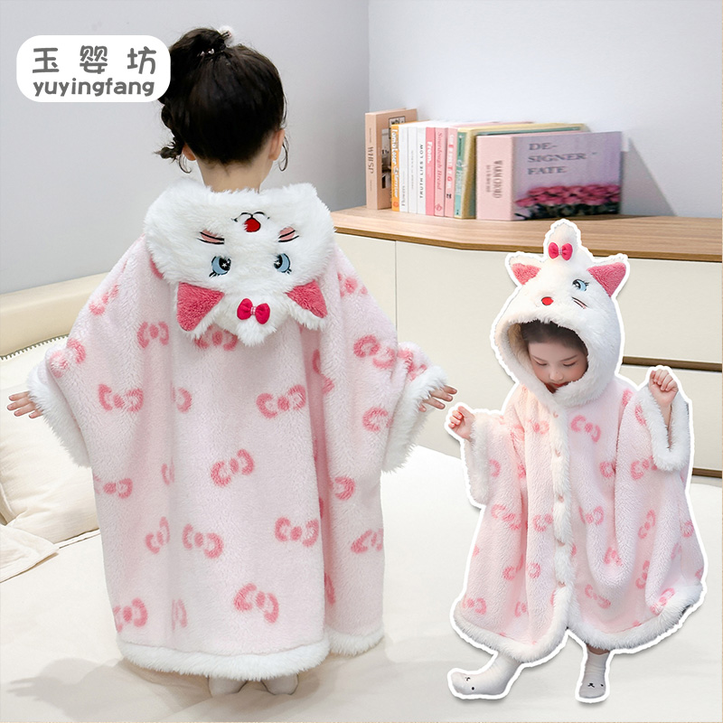 女童珊瑚绒睡袍秋冬季加厚新款小女孩宝宝法兰绒斗篷睡裙儿童睡衣