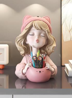 奶油风女孩笔筒摆件化妆刷口红收纳桶儿童房家居饰品生日六一礼物