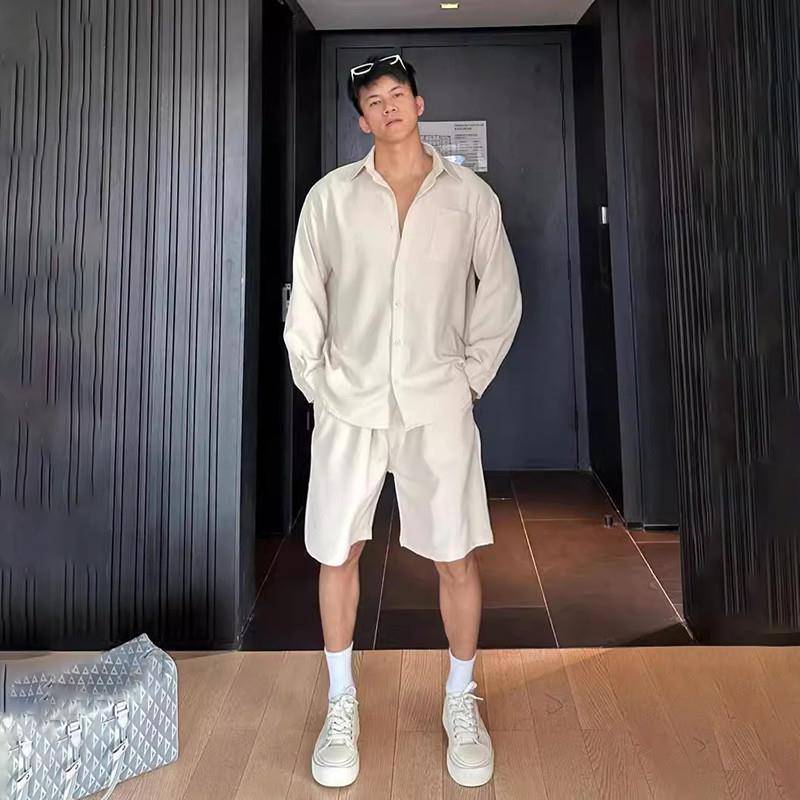 高端大码冰丝凉感休闲运动套装男装夏季宽松长袖衬衫短裤潮流套装