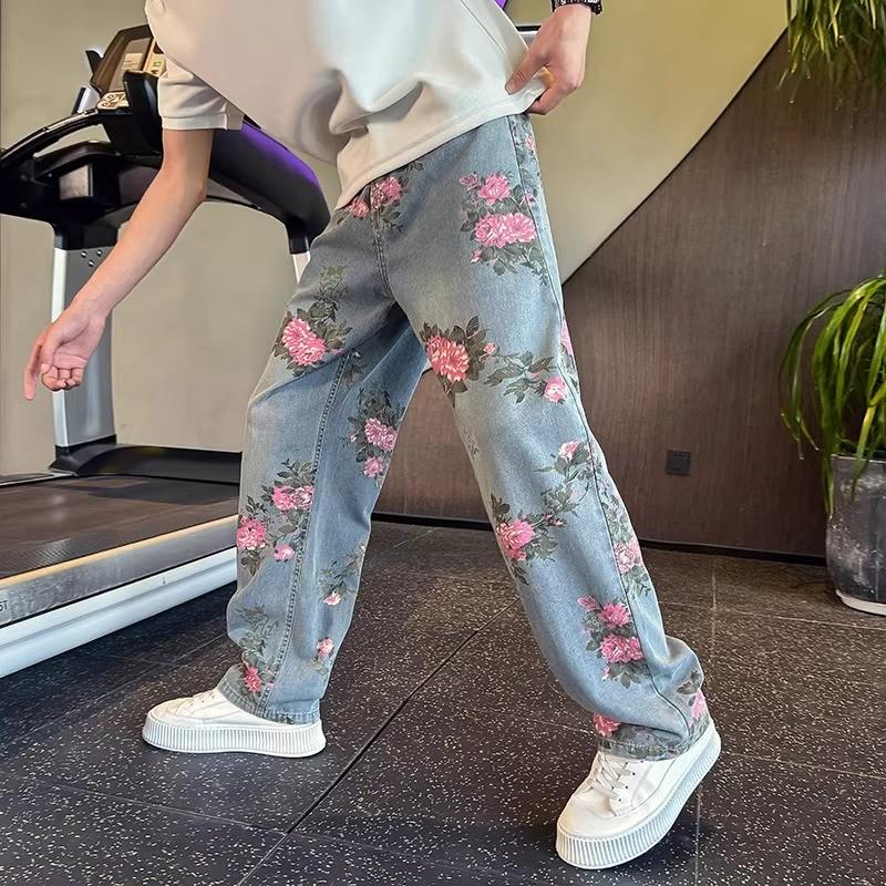 潮牌痞帅花色牛仔裤男夏季2025新款潮流直筒阔腿裤高级感休闲裤子