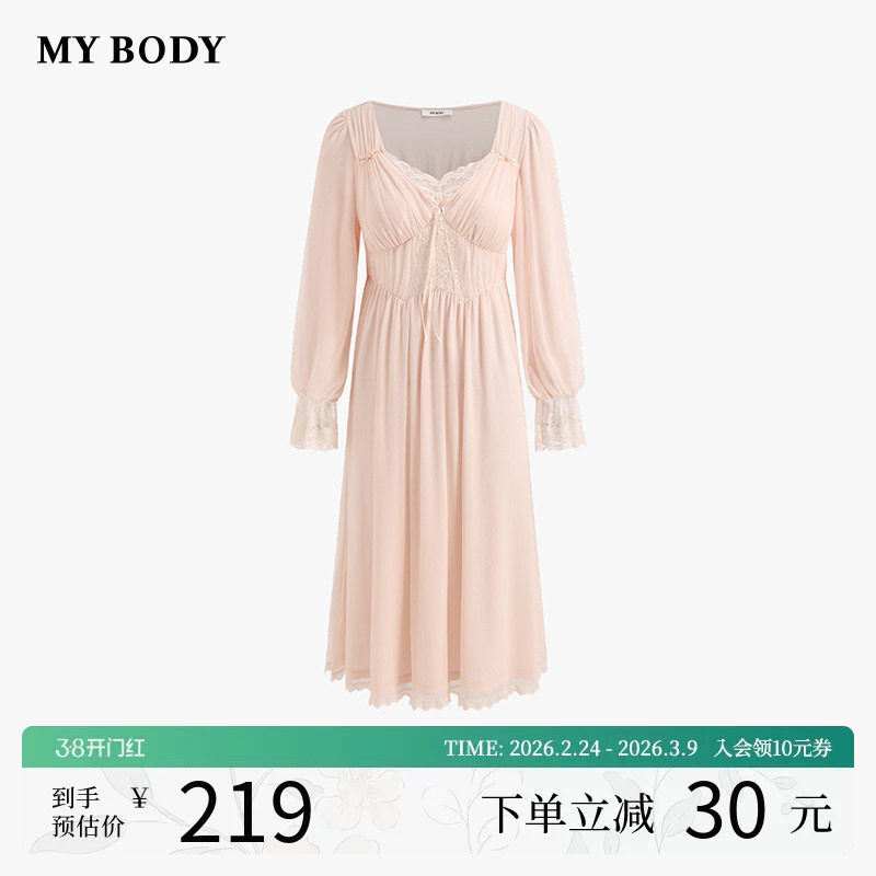 商场同款MYBODY新款慵懒V领玫瑰花园甜美梦幻纱裙袖口蕾丝睡裙