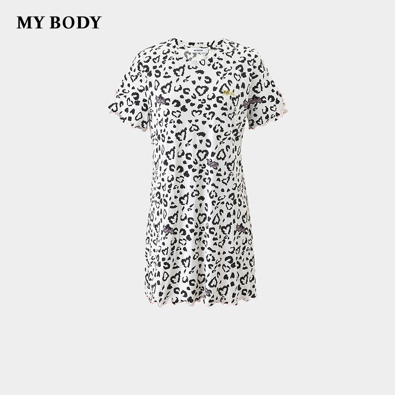 商场同款MYBODY春季2026新款莫代尔棉爱心豹纹印花宽松圆领
