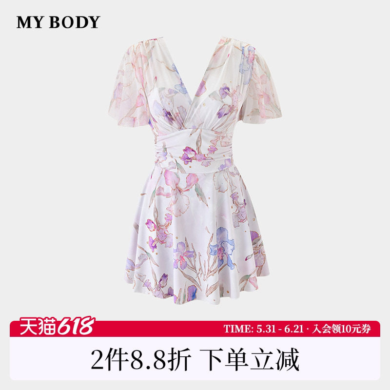 商场同款MYBODY新款性感V领收腰显瘦印花裙式海岛度假连体泳衣女