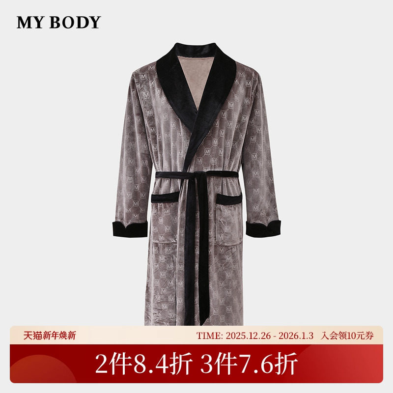 商场同款MYBODY冬季新款金丝绒加厚男士睡袍印花轻奢系带睡衣浴