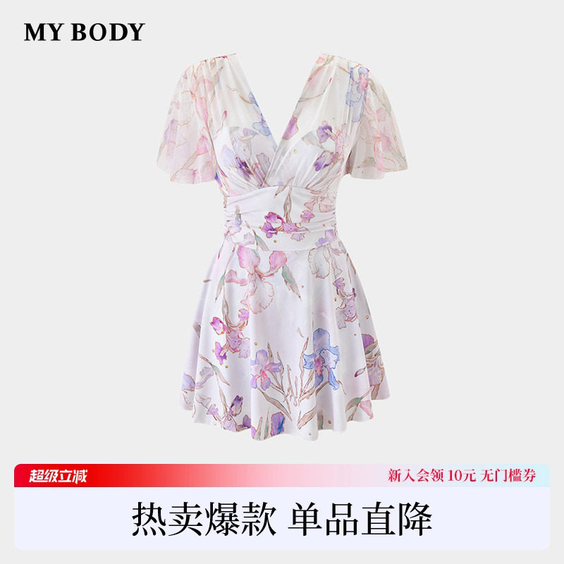 商场同款MYBODY新款性感V领收腰显瘦印花裙式海岛度假连体泳衣女