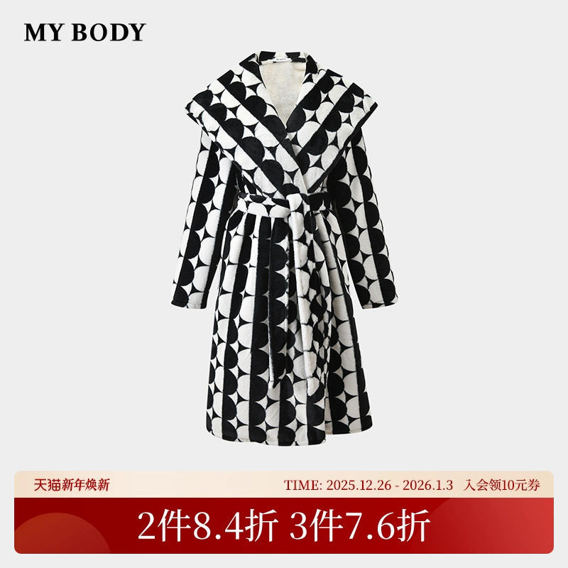 商场同款MYBODY冬季新款睡袍时尚大翻领印花长款加绒兔毛绒浴袍