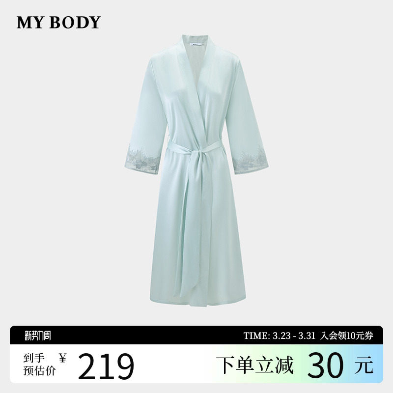 商场同款MYBODY26春季新款睡袍法式浪漫性感蕾丝拼接丝滑长款