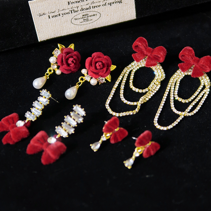 植绒红色耳钉女红红火火珍珠耳饰