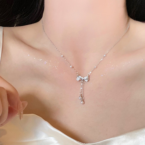 超美流苏蝴蝶结珍珠流苏项链女