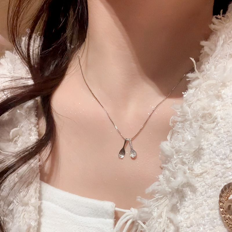 铜镀银项链女干饭人勺子叉项链