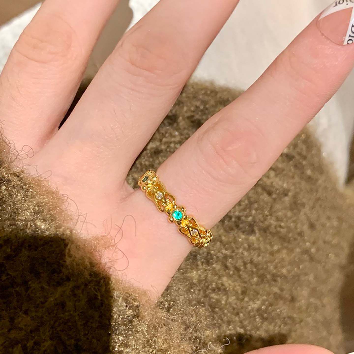 中古蕾丝绿点珐琅戒指女复古风