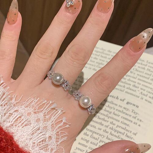 纱网泡泡钻开口珍珠戒指女时尚感