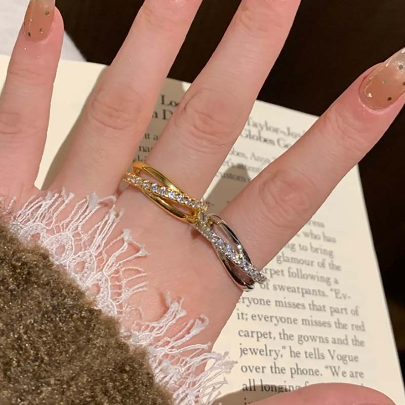 三圈斜钻开口戒指女多层叠戴感