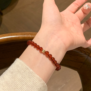 新款金珠天然红玛瑙手链手串串珠本命年红绳手链女生新中式手饰品