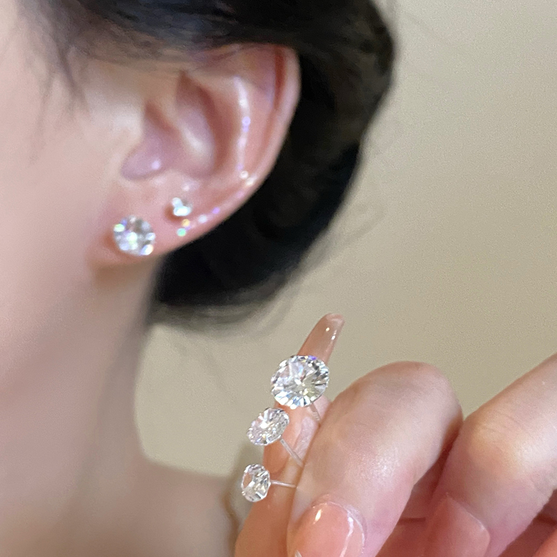 s999纯银锆石耳钉女纯银圆钻耳饰