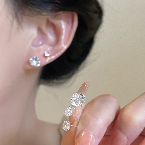 s999纯银锆石耳钉女纯银圆钻耳饰