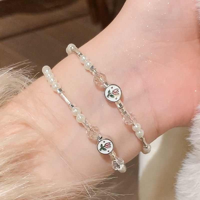 郁金香珍珠碎银手链女法式浪漫风