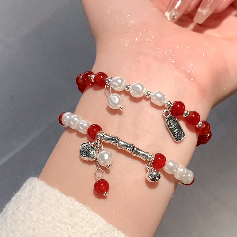 平安喜乐红玛瑙珍珠手串女国风