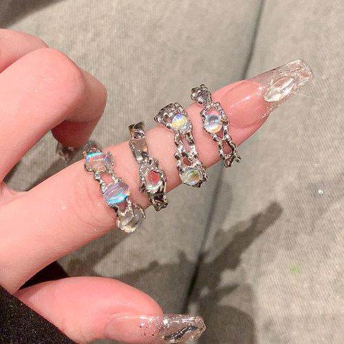 熔岩月光石开口戒指女复古欧泊风