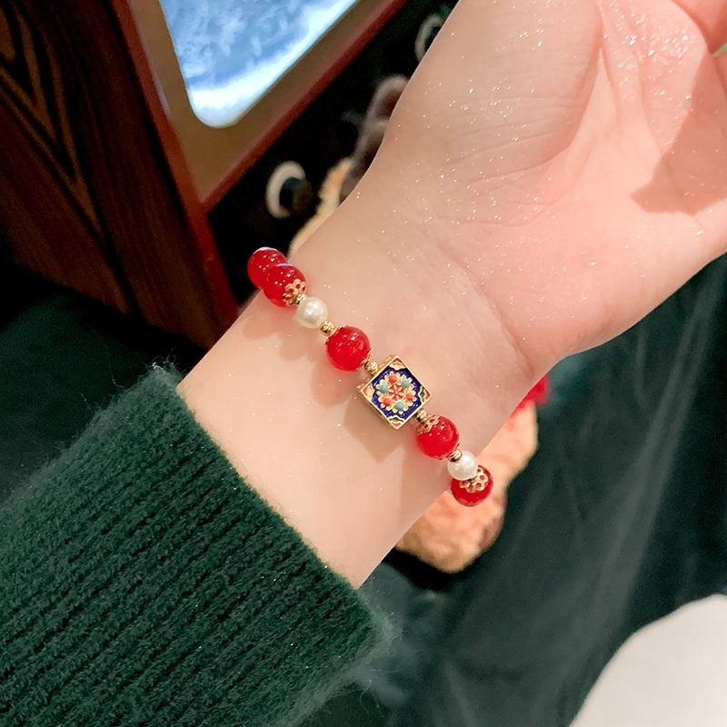 珐琅红玛瑙手链女生高级感手串珍珠红水晶手链轻奢小众手饰品精致