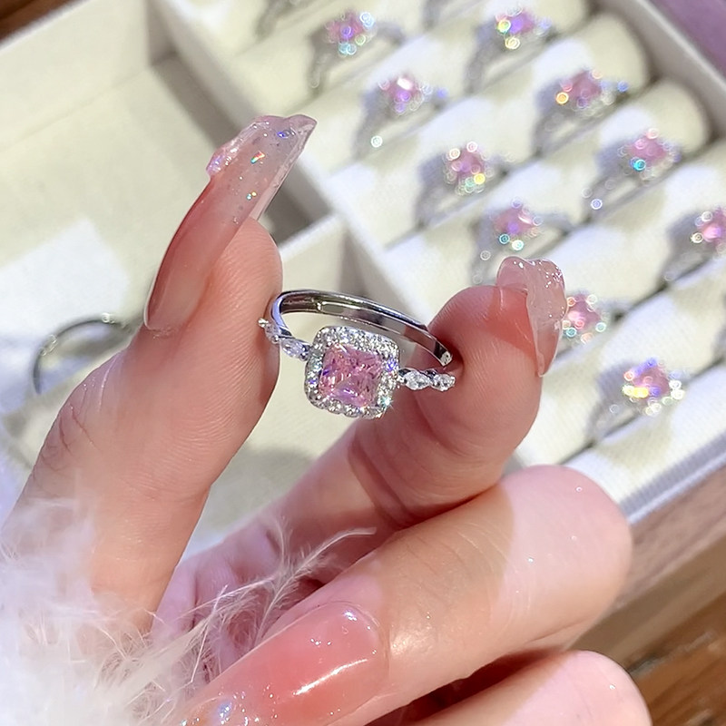 铜镀银粉钻方糖开口可调节戒指女