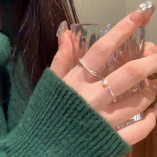 极简珍珠戒指女小众设计开口素圈戒指女时尚个性对戒素戒尾戒指环