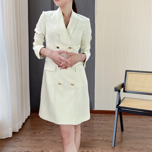 春秋新款白色修身气质长袖职业通勤中长纯色西装裙外套连衣裙女