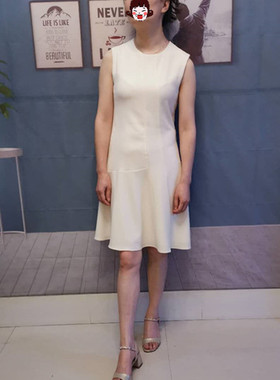 夏新款流行th圆领不规则无袖三醋酸修身连衣裙女内搭白色职业裙子