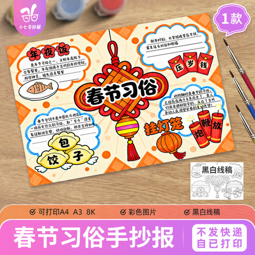 春节习俗手抄报模板电子版迎新马年民俗年夜饭拜年黑白线描稿