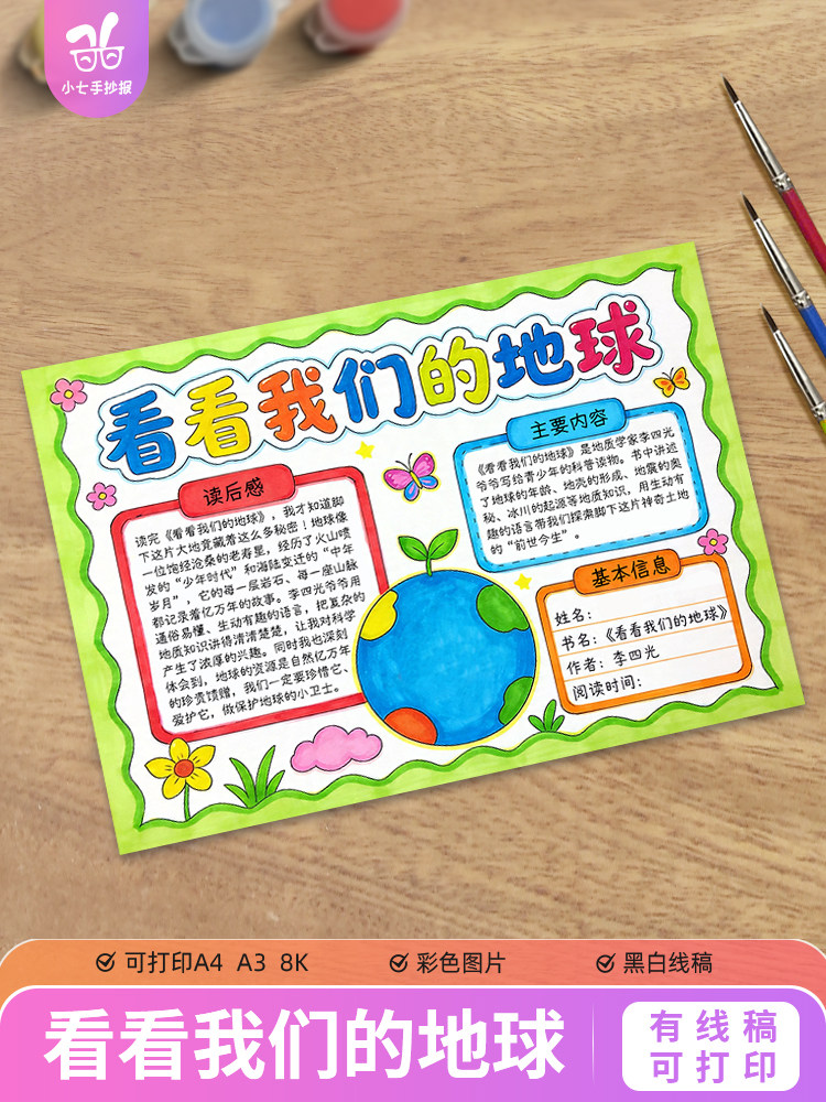 看看我们的地球手抄报模板四年级课文阅读后感读书小报线稿图