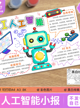Ai人工智能手抄报电子模板小学初中机器人AI未来科技创新黑白线稿