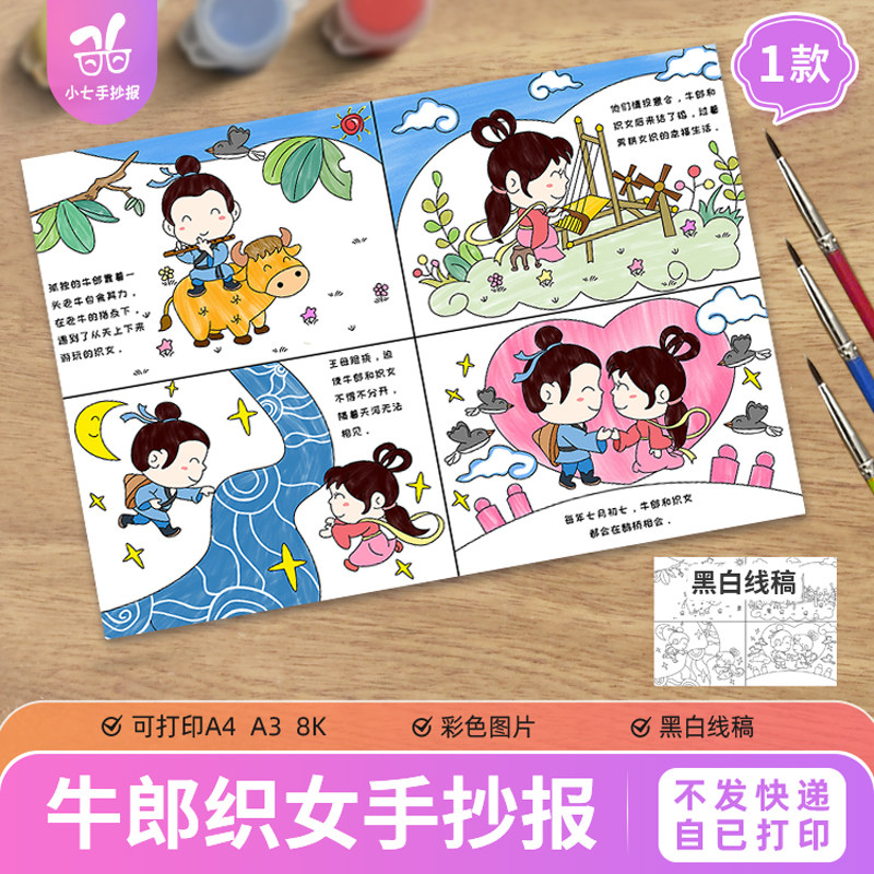 牛郎织女连环画主题手抄报中国民间神话故事七夕节电子模板图