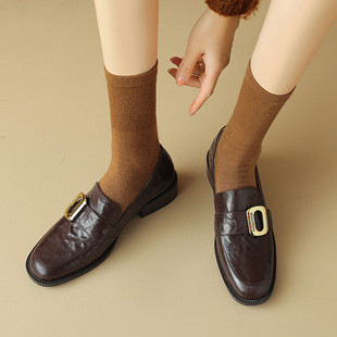 中跟真皮乐福鞋 女 方头深口粗跟单鞋 女英伦风小皮鞋