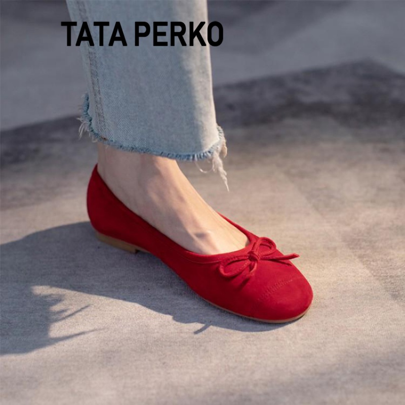 TATA PERKO联名蝴蝶结单鞋女芭蕾舞平底奶奶鞋红色婚鞋女瓢鞋